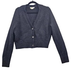 Boden Womens Cropped V-Neck Cardigan‎ Sweater Black Fuzzy Knit Size L